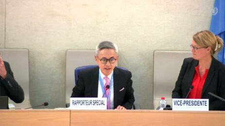 The UN’s special rapporteur on human rights in Cambodia, Vitit Muntarbhorn, speaks at the Human Rights Council in Geneva on October 5, 2022.