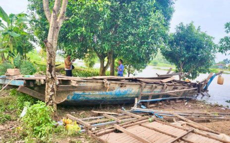 The recovered boat, in a photo posted by Kandal Provincial Police on Friday.