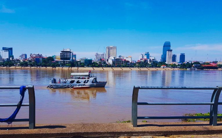 A naval vessel off of Phnom Penh's Chroy Changva peninsula on November 7, 2022. (Daniel Zak)