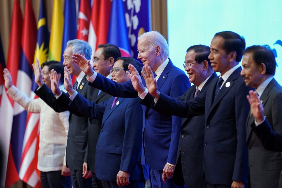 U.S. President Joe Biden poses with other leaders during the 2022 ASEAN summit in Phnom Penh on November 12, 2022. (Kevin Lamarque/Reuters)
