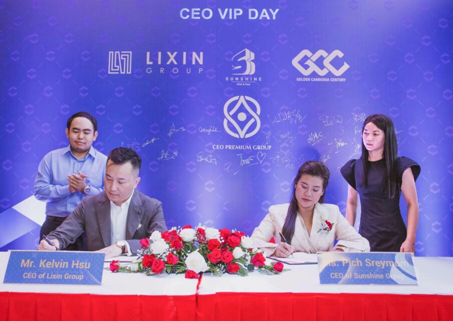 Lixin CEO Kelvin Hsu and Pich Sreymom sign documents during the launch of the CEO Center project in Phnom Penh on October 10, 2020, posted to Golden Cambodian Century's Facebook page.