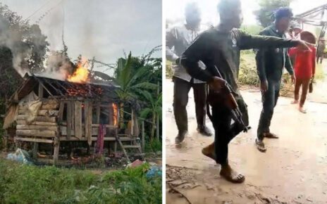 A house burning in Oddar Meanchey's Trapaing Prasat on December 10, and an armed officer threatening residents on September 12, in a photo supplied by a resident to Licadho and a video posted to social media, respectively.