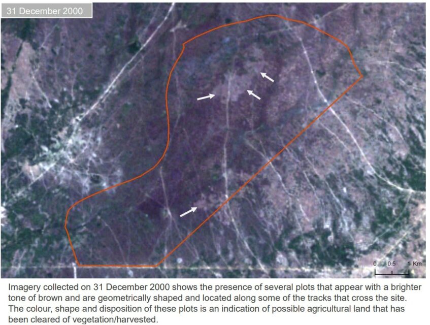 A satellite image of the Lased II area in Kampong Thom's Doung commune indicating agricultural activity, taken from a January 2017 UN report using satellite imagery to assess the use of the Lased II area. (Supplied)