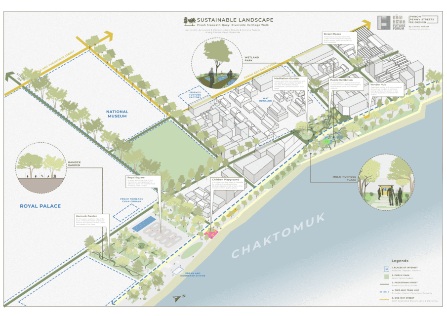 A concept for more green spaces and shade on a pedestrianized Phnom Penh's riverside. (Ses Aronsakda)