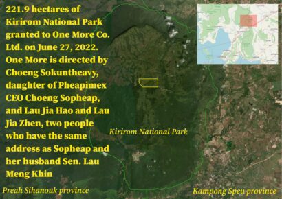 One More Co. Ltd., a firm directed by the Pheapimex CEO's daughter Choeng Sokuntheavy, received 221.9 hectares of land at the center of Kirirom National Park, according to maps published in late December. (Danielle Keeton-Olsen/VOD)