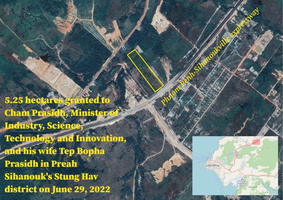 Industry Minister Cham Prasidh and his wife Tep Bopha Prasidh received 5.25 hectares in Preah Sihanouk's Stung Hav district according to maps published in late December. (Danielle Keeton-Olsen/VOD)
