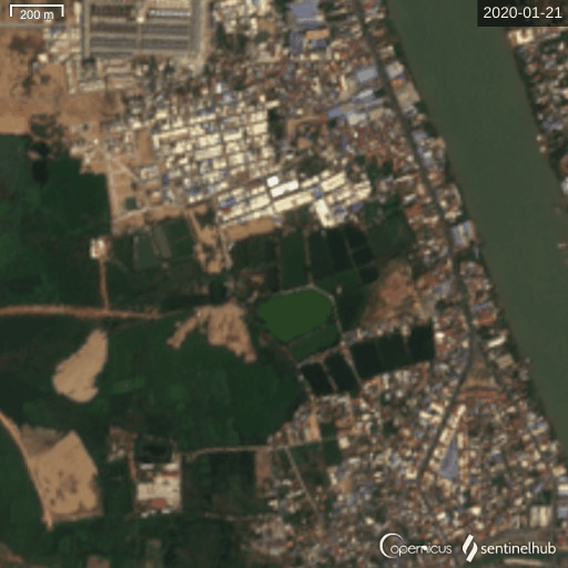 Satellite images showing increasing sand filling in Chak Angre Krom commune. (European Satellite Agency/Sentinel)