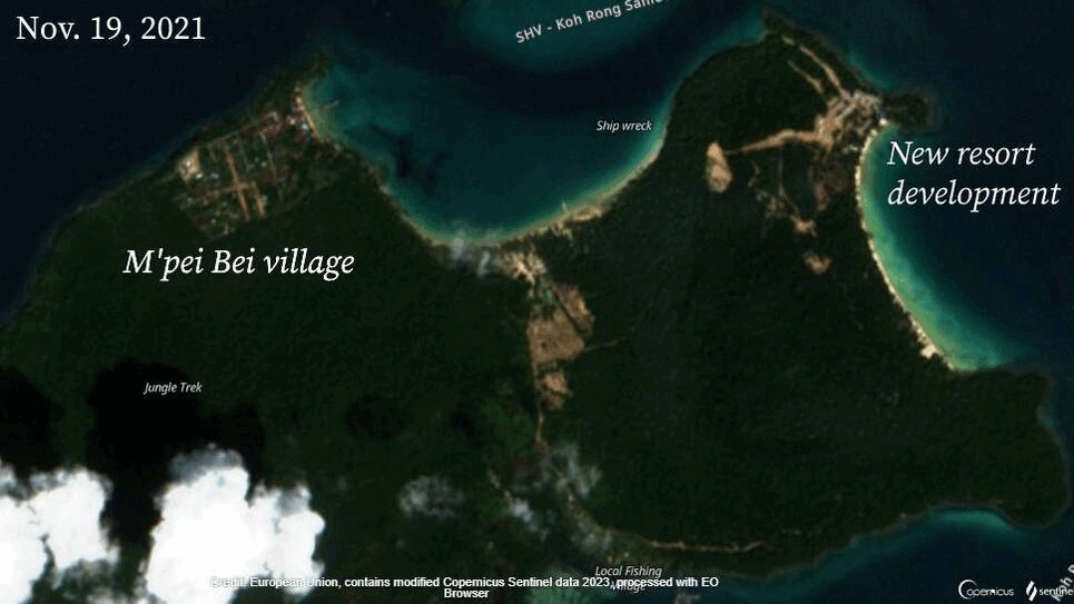 A gif of Sentinel satellite imagery showing the forest clearing and road expansion in Koh Rong Sanloem's M'pei Bei village and northern coastline between November 2021 and January 2023.